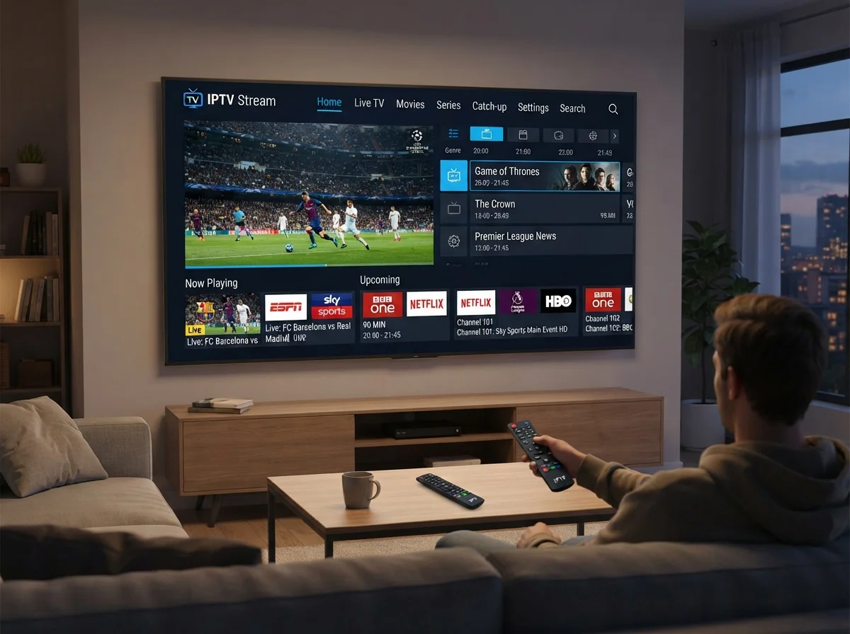 IPTV service delivering a live 4K channel to a Smart TV in a US living room